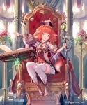  1girl animal_ears book dog_ears dog_tail green_eyes hat highres indoors open_book open_mouth redhead shingeki_no_bahamut short_hair sitting solo supertie sword tail thigh-highs throne watermark weapon 