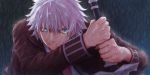  1boy angry black_coat blue_background blue_eyes charles_henri_sanson_(fate/grand_order) clenched_teeth fate/grand_order fate_(series) highres holding holding_sword holding_weapon looking_at_viewer male_focus messy_hair rain solo sword teeth uneven_eyes upper_body weapon wet white_hair yuurei447 