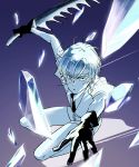  1other androgynous antarcticite black_gloves gem_uniform_(houseki_no_kuni) gloves houseki_no_kuni mawaregimi necktie shirt short_hair short_sleeves shorts solo weapon white_hair 