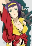  1girl bare_arms breasts cleavage closed_mouth collarbone cowboy_bebop eyebrows faye_valentine fingernails green_eyes gun hairband holding holding_gun holding_weapon io_naomichi lips looking_at_viewer medium_breasts navel pink_lips popped_collar purple_hair short_hair silhouette single_bare_shoulder sleeveless smile solo stomach suspenders trigger_discipline upper_body weapon yellow_hairband 