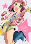  1girl :d bangs beamed_eighth_notes blue_footwear blush_stickers boots elbow_gloves eyebrows fingerless_gloves gloves green_eyes green_shorts guitar heart hibiki_misora holding holding_instrument hood hood_up hoodie instrument io_naomichi legs_up midair multicolored multicolored_clothes multicolored_gloves musical_note open_mouth pink_gloves pink_hair pink_hoodie plectrum rockman ryuusei_no_rockman short_hair shorts smile solo star striped striped_gloves white_gloves 