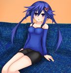  1girl ankokuboshi_kurome bike_shorts blue_hair blue_tank_top g.g._shou hair_ornament hairclip kssgss sitting violet_eyes 