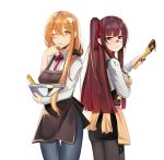  2girls alternate_costume apron bangs black_legwear blush bowl breasts brown_hair cake_batter casual chocolate chocolate_on_face collared_shirt cream cream_on_face embarrassed eyebrows_visible_through_hair finger_licking food food_on_face girls_frontline green_eyes hair_between_eyes hair_over_shoulder hair_ribbon holding holding_bowl large_breasts licking long_hair long_sleeves looking_at_viewer low-tied_long_hair m1903_springfield_(girls_frontline) mixing mixing_bowl multiple_girls one_eye_closed one_side_up pants pantyhose purple_hair red_eyes red_neckwear ribbon scrunchie shirt sidelocks simple_background skirt smile spatula tsundere tsurime very_long_hair wa2000_(girls_frontline) wavy_mouth white_background xzzcz01 