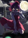  1girl bangs barefoot bow cat_girl clouds dress evil_grin evil_smile full_body full_moon gegege_no_kitarou green_eyes grin hair_bow long_sleeves looking_at_viewer monster_girl moon nekomusume nekomusume_(gegege_no_kitarou_6) night one_knee pointy_ears purple_hair red_bow red_dress sharp_teeth shirt short_hair slit_pupils smile solo teeth telephone_pole traffic_light white_shirt yuuka_(a0240765) 