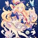  1girl :d bag blonde_hair blue_background blue_hat blush bow breasts bug butterfly constellation frills grey_bow handbag hat hat_ribbon insect open_mouth original planet rabbit ribbon salute sample skirt small_breasts smile standing star striped striped_ribbon violet_eyes wakanagi_eku white_skirt 