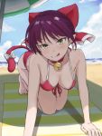  &gt;:) 1girl :q all_fours bangs barefoot beach beach_towel beach_umbrella bell bell_choker bikini bow breasts cat_tail choker day gegege_no_kitarou hair_bow looking_at_viewer medium_breasts naughty_face nekomusume nekomusume_(gegege_no_kitarou_6) ocean outdoors pointy_ears purple_hair red_bikini red_bow red_choker short_hair sky solo swimsuit tail tail_bow tongue tongue_out towel umbrella yellow_eyes yuuka_(a0240765) 