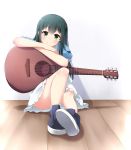  1girl absurdres agung_syaeful_anwar arm_rest bangs blue_footwear blue_shirt blush closed_mouth commentary eyebrows_visible_through_hair green_eyes green_hair guitar hair_between_eyes head_tilt highres instrument kanzaki_elsa long_hair on_floor pitohui_(sao) puffy_short_sleeves puffy_sleeves shirt shoes short_sleeves sitting skirt smile solo sword_art_online sword_art_online_alternative:_gun_gale_online very_long_hair white_skirt wooden_floor 