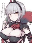  1girl alternate_hairstyle bangs black_hairband blunt_bangs blush breasts carmilla_(fate/grand_order) cleavage cravat detached_sleeves elbow_gloves eyebrows_visible_through_hair fate/grand_order fate_(series) fingernails fue_(rhomphair) gloves green_nails grey_hair hairband highres horns large_breasts long_fingernails looking_at_viewer nail_polish parted_lips short_hair sketch sweatdrop yellow_eyes 