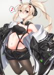  1girl absurdres alternate_costume ayanami_(azur_lane) azur_lane black_legwear blonde_hair blurry breasts depth_of_field eyebrows_visible_through_hair headphones highres jacket long_hair looking_at_viewer mechanical_horns musical_note navel pantyhose ponytail red_eyes short_shorts shorts small_breasts solo spoken_musical_note takenoko_27074918 yellow_neckwear 