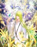  1boy bird bird_on_hand closed_mouth colorful commentary_request enkidu_(fate/strange_fake) fate/grand_order fate_(series) flower green_hair hand_up highres long_hair long_sleeves male_focus nature shutsuri smile solo standing very_long_hair white_robe wide_sleeves yellow_eyes 