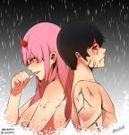  1boy 1girl back-to-back black_hair breasts couple darling_in_the_franxx highres hiro_(darling_in_the_franxx) horns large_breasts long_hair oni_horns pink_hair rude_ruin shirtless short_hair signature zero_two_(darling_in_the_franxx) 