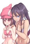  2girls absurdres animal_ears animal_hat bangs bare_arms bare_shoulders bikini blue_eyes blush bow bow_bikini breasts brown_hair bunny_hat cleavage collarbone eyebrows_visible_through_hair facial_tattoo hair_between_eyes hand_on_another&#039;s_shoulder hands_on_own_chest hat highres interlocked_fingers llenn_(sao) long_hair looking_at_viewer medium_breasts multiple_girls navel one_eye_closed parted_lips pink_bikini pink_bow pink_hat pitohui_(sao) ponytail purple_bikini purple_hair rabbit_ears red_eyes sidelocks simple_background small_breasts swimsuit sword_art_online sword_art_online_alternative:_gun_gale_online tattoo very_long_hair white_background zongren 