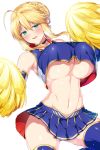  1girl ahoge artoria_pendragon_(all) artoria_pendragon_(lancer) bangs blue_legwear blue_skirt blush braid breasts cheerleader choker commentary_request crop_top crop_top_overhang detached_sleeves eyebrows_visible_through_hair fate/grand_order fate_(series) french_braid green_eyes hair_between_eyes hips horosuke_(toot08) huge_breasts long_hair looking_at_viewer midriff miniskirt navel parted_lips pleated_skirt pom_poms sidelocks simple_background skirt sleeveless smile solo thighs under_boob waist white_background 