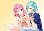  2girls :d aqua_hair bang_dream! bangs blue_nails blue_shirt bracelet braid character_name commentary_request dress floral_print funyariko green_eyes highres hikawa_hina holding jewelry maruyama_aya medium_hair multiple_girls nail_polish nail_polish_bottle open_mouth pants parted_lips pink_hair pink_nails plaid plaid_shirt red_eyes round_teeth shirt short_hair short_sleeves side_braid sleeveless sleeveless_dress smile teeth twitter_username upper_teeth white_pants yellow_background yellow_dress 