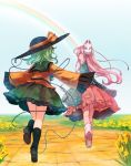  2girls blue_sky boots brick_road field flower flower_field green_hair hat hata_no_kokoro heart heart_of_string komeiji_koishi mask multiple_girls pink_hair plaid plaid_shirt rainbow shirt skipping skirt sky terrajin touhou 