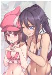  2girls absurdres animal_ears animal_hat bangs bare_arms bare_shoulders bikini blue_eyes blush bow bow_bikini breasts brown_hair bunny_hat cleavage collarbone commentary eyebrows_visible_through_hair facial_tattoo hair_between_eyes hand_on_another&#039;s_shoulder hands_on_own_chest hat highres interlocked_fingers llenn_(sao) long_hair looking_at_viewer medium_breasts multiple_girls navel one_eye_closed parted_lips pink_bikini pink_bow pink_hat pitohui_(sao) ponytail purple_bikini purple_hair rabbit_ears red_eyes sidelocks small_breasts swimsuit sword_art_online sword_art_online_alternative:_gun_gale_online tattoo very_long_hair zongren zoom_layer 