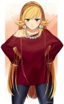  1girl angry blonde_hair blush braid fire_emblem fire_emblem_heroes gloves green_eyes long_hair looking_at_viewer open_mouth pout sharena simple_background solo sweater 