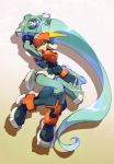  1girl ashe_(rockman) bodysuit boots capcom covered_navel full_body gradient gradient_background green_eyes helmet high_ponytail highres hips holding holding_weapon inti_creates knees_together_feet_apart kon_(kin219) long_hair ponytail power_armor rockman rockman_zx rockman_zx_advent silver_hair smile solo very_long_hair weapon 