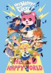  5girls :3 \o/ anchor_symbol animal_costume antenna_hair arms_up bang_dream! bangs bear_costume black_footwear blonde_hair blue_background blue_footwear blue_hair blue_neckwear blue_ribbon blue_shirt blue_shorts blue_skirt boombox boots bow bracelet closed_eyes commentary_request double-breasted drum drumsticks electric_guitar english grin group_name guitar hat hat_bow hat_ribbon hello_happy_world! holding holding_instrument instrument jewelry kitazawa_hagumi knee_boots kneehighs lightning_bolt looking_at_another loveariddle mascot_costume matsubara_kanon multiple_girls musical_note neckerchief nervous okusawa_misaki one_side_up open_mouth orange_eyes orange_hair outstretched_arms peaked_cap ponytail purple_hair ribbon sailor_hat school_uniform serafuku seta_kaoru shirt shoes short_hair short_sleeves shorts simple_background skirt smile sparkling_eyes standing straw_hat striped striped_bow striped_ribbon tsurumaki_kokoro violet_eyes white_footwear white_legwear white_shirt 