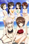  6+girls absurdres akaboshi_koume arm_support artist_request ass barefoot beach bikini black_bikini blue_eyes blue_sky blush body_blush breasts brown_eyes brown_hair character_request cleavage clouds day eyebrows_visible_through_hair flat_ass frilled_bikini frills from_behind front-tie_bikini front-tie_top girls_und_panzer green_bikini hand_on_own_arm hand_on_own_knee highres itsumi_erika large_breasts light_brown_hair light_smile long_hair looking_at_another looking_at_viewer low_twintails magazine_scan medium_breasts megami multiple_girls navel nishizumi_maho official_art open_mouth orange_bikini outdoors ponytail red_bikini ritaiko_(girls_und_panzer) scan short_hair side-tie_bikini sitting skindentation sky small_breasts smile standing swimsuit twintails white_bikini white_frills yellow_bikini yokozuwari 