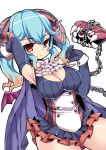  1girl armpits blue_hair breasts brown_hair cape chains cleavage cowboy_shot demon_horns demon_wings elbow_gloves gloves hair_ribbon hand_behind_head horns impossible_clothes lapis_(sennen_sensou_aigis) large_breasts long_hair looking_at_viewer multicolored_hair nemui_(nemui) purple_cape red_eyes ribbon sennen_sensou_aigis sidelocks solo standing teeth twintails two-tone_hair white_neckwear wings wrist_cuffs 