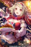  1girl :o azalea4 bare_shoulders bird blonde_hair braid breasts cape chicken cleavage copyright_name detached_sleeves food grand_sphere hairband holding holding_plate indoors large_breasts long_hair official_art plate red_cape red_eyes red_hairband sparkle standing watermark 