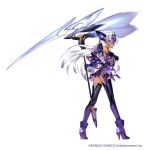  1girl android ass blue_eyes breasts choco cleavage cyborg dark_skin elbow_gloves full_body gloves large_breasts long_hair official_art scythe silver_hair simple_background smile solo t-elos thigh-highs under_boob white_background xenoblade_(series) xenoblade_2 xenosaga xenosaga_episode_iii 