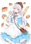  1girl apron bag bangs blush blustone bow bowtie bracelet bread croissant dress explosive eyebrows_visible_through_hair food frilled_apron frilled_dress frills grenade headdress highres holding jewelry ladle long_hair looking_at_viewer melon_bread open_mouth ronopu round_teeth short_sleeves shoulder_bag silver_hair simple_background solo standing star striped_neckwear teeth tyltyl_(blustone) white_apron white_background 