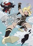  2girls :d animal arm_up arm_warmers bare_shoulders black_cat black_hair black_hairband black_legwear black_scarf blonde_hair blue_eyes blue_sky breasts cat closed_mouth copyright_name crow_(gravity_daze) dark_skin day dusty_(gravity_daze) from_below gravity_daze gravity_daze_2 hair_over_one_eye hairband high_heels io_naomichi kitten_(gravity_daze) long_hair midair multicolored_hair multiple_girls open_mouth outdoors red_eyes redhead scarf shoes sky small_breasts smile socks star_(sky) strapless teeth thigh_strap two-tone_hair unitard v-shaped_eyebrows yellow_footwear 