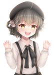  1girl :d absurdres bangs beret black_bow black_hat black_ribbon black_skirt blush bow brown_eyes brown_hair claw_pose collared_shirt endsmall_min eyebrows_visible_through_hair fangs fingernails flower hair_between_eyes hair_flower hair_ornament hair_ribbon hair_rings hands_up hat hatoba_tsugu hatoba_tsugu_(character) highres long_sleeves looking_at_viewer open_mouth revision ribbon rose shirt simple_background skirt smile solo suspender_skirt suspenders v-shaped_eyebrows virtual_youtuber white_background white_flower white_rose white_shirt 