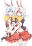  2girls :d animal_ears bangs blue_eyes blue_hair blush blustone bow bowtie crop_top eyebrows_visible_through_hair fingerless_gloves gloves heart highres hug hug_from_behind jacket lily_(blustone) looking_at_viewer lyla_(blustone) midriff multicolored_hair multiple_girls navel open_mouth pleated_skirt rabbit_ears red_eyes red_skirt redhead ronopu round_teeth short_hair short_sleeves siblings simple_background sisters skirt smile standing streaked_hair teeth thigh-highs twins two-tone_hair white_background white_hair white_legwear yellow_neckwear zettai_ryouiki 