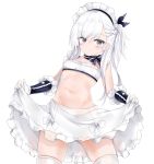  1girl :&lt; absurdres alternate_costume azur_lane bangs belfast_(azur_lane) blue_eyes blush braid breasts chains cleavage closed_mouth collar collarbone dress eyebrows_visible_through_hair french_braid frills gloves hair_ribbon heart heart-shaped_pupils highres long_hair looking_at_viewer maid maid_headdress navel ribbon ru_zhai sidelocks simple_background skindentation skirt skirt_lift small_breasts solo stomach symbol-shaped_pupils thighs white_background white_gloves white_hair white_skirt younger 