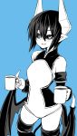  1girl black_sclera blue_background blush coffee coffee_mug contrapposto cup demon_girl demon_horns demon_tail demon_wings elbow_gloves eyebrows_visible_through_hair gloves greyscale hair_between_eyes highres horns juugoya_(zyugoya) looking_at_viewer low_wings monochrome mug parted_lips pointy_ears seizaverus shinrabanshou short_hair simple_background slit_pupils smile solo standing tail thigh-highs wings 