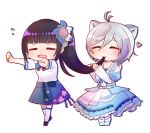  2girls ahoge animal_ears aoi_ch. black_hair blue_dress blue_skirt cat_ears chibi closed_eyes commentary dennou_shoujo_youtuber_shiro dress flower frills fuji_aoi hair_flower hair_in_mouth hair_ornament heart kneehighs multiple_girls ponytail shiro_(dennou_shoujo_youtuber_shiro) shirt short_hair short_sleeves skirt tori2929_(toriniku) virtual_youtuber white_hair white_legwear white_shirt 