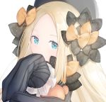  1girl abigail_williams_(fate/grand_order) bangs black_bow black_dress black_hat blonde_hair blue_eyes blush bow covered_mouth dress eyebrows_visible_through_hair fate/grand_order fate_(series) forehead hair_bow hat long_hair long_sleeves looking_at_viewer object_hug orange_bow parted_bangs polka_dot polka_dot_bow ringozaka_mariko simple_background sleeves_past_fingers sleeves_past_wrists solo stuffed_animal stuffed_toy teddy_bear white_background 
