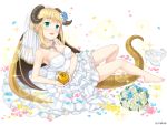  1girl :d arm_support armpits bangs bare_arms bare_legs bare_shoulders barefoot blonde_hair blue_flower blunt_bangs blush bouquet breasts bridal_veil cleavage collarbone company_name dragon_girl dragon_horns dragon_tail dress earrings eyebrows_visible_through_hair falling_petals flower food fruit full_body golden_apple green_eyes hair_bun hair_flower hair_ornament head_tilt high_heels holding holding_fruit horns jewelry large_breasts layered_dress lipstick looking_at_viewer makeup monmusume-harem namaru_(summer_dandy) necklace nose_blush official_art open_mouth petals pink_lipstick reclining see-through shiny shiny_hair shiny_skin shoes_removed short_hair sidelocks simple_background smile solo sparkle spikes strapless strapless_dress tail taut_clothes taut_dress veil wedding_dress white_background white_dress white_flower white_footwear 