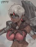  1girl armlet armor bikini_armor breasts cleavage commentary crossover dark_skin detached_collar earrings english_commentary eyelashes facepaint forehead_jewel fur_collar highres huge_weapon jewelry large_breasts making_of mallet monster_hunter monster_hunter:_world norasuko over_shoulder pendant ramona_(the_prey) scar short_hair silver_hair simple_background solo the_prey upper_body weapon weapon_over_shoulder yellow_eyes 