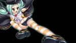  1girl black_background black_coat boots brown_eyes chinkyuu clenched_hand coat cutoffs denim denim_shorts flying_kick full_body green_hair hair_bobbles hair_ornament hairclip hat highres katagiri_hinata kicking koihime_musou long_hair midriff navel official_art open_mouth outstretched_arm shirt short_shorts shorts simple_background solo striped striped_legwear thigh-highs twintails white_shirt 