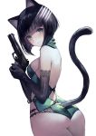  1girl animal_ears ass bangs black_gloves black_hair blunt_bangs breasts bustier cat_ears cat_tail closed_mouth commentary_request cowboy_shot dutch_angle elbow_gloves eyebrows_visible_through_hair fang fang_out from_behind gloves green_eyes green_panties gun handgun highres holding holding_gun holding_weapon looking_at_viewer looking_back original own_hands_together panties pistol short_hair simple_background solo tail tail_raised terai_(teraimorimori) underwear underwear_only weapon white_background 