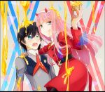  1boy 1girl black_hair black_legwear blue_eyes couple darling_in_the_franxx green_eyes hairband hand_on_another&#039;s_shoulder hiro_(darling_in_the_franxx) horns licking_lips long_hair military military_uniform necktie oni_horns orange_neckwear pantyhose pink_hair red_neckwear short_hair temaroppu_(ppp_10cc) tongue tongue_out uniform white_hairband zero_two_(darling_in_the_franxx) 