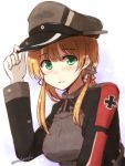  1girl anchor blonde_hair blush eyebrows_visible_through_hair gloves green_eyes hat kantai_collection long_hair long_sleeves low_twintails mashayuki military military_hat military_uniform open_mouth peaked_cap prinz_eugen_(kantai_collection) solo twintails twitter_username uniform white_gloves 