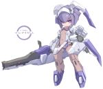  1girl bangs breasts brown_leotard character_request closed_mouth commentary_request covered_navel desktop_army eyebrows_visible_through_hair gun hair_between_eyes hand_up holding holding_gun holding_weapon karukan_(monjya) leotard looking_at_viewer mecha_musume purple_hair short_hair sidelocks small_breasts solo standing violet_eyes weapon 