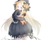  1girl abigail_williams_(fate/grand_order) bangs black_bow black_dress black_hat black_ribbon blonde_hair bloomers blue_eyes blush bow bug butterfly commentary_request covered_mouth dress eyebrows_visible_through_hair fate/grand_order fate_(series) forehead hair_bow hat insect long_hair long_sleeves looking_at_viewer object_hug orange_bow parted_bangs polka_dot polka_dot_bow ribbon ringozaka_mariko simple_background sleeves_past_fingers sleeves_past_wrists solo stuffed_animal stuffed_toy teddy_bear underwear very_long_hair white_background white_bloomers 