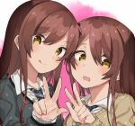  2girls bangs black_neckwear blush brown_hair cardigan collared_shirt eyebrows eyebrows_visible_through_hair eyes_visible_through_hair fingernails hair_between_eyes hand_up idolmaster idolmaster_shiny_colors long_hair long_sleeves looking_at_viewer looking_away multiple_girls necktie oosaki_amana oosaki_tenka open_mouth palms shirotae_moyashi shirt siblings sisters smile straight_hair striped_neckwear tongue tongue_out twins upper_body v white_shirt yellow_eyes 