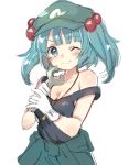  1girl ;) aqua_eyes aqua_hair bangs bare_shoulders blush breasts cleavage closed_mouth clothes_around_waist collarbone commentary_request coveralls eyebrows_visible_through_hair gloves green_hat hair_bobbles hair_ornament hat holding kawashiro_nitori looking_at_viewer one_eye_closed paragasu_(parags112) peaked_cap short_hair simple_background sleeveless small_breasts smile solo strap_slip touhou twintails two_side_up upper_body white_background white_gloves wrench 
