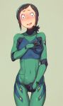  1girl amakasu_hisone ass_visible_through_thighs black_hair blush bodysuit covered_navel covering covering_breasts covering_crotch cowboy_shot embarrassed hisone_to_masotan othel_(hatimorris) pilot_suit ponytail simple_background solo standing thigh_gap 