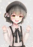  1girl :d absurdres bangs beret black_bow black_hat black_ribbon black_skirt blush bow brown_eyes brown_hair claw_pose collared_shirt commentary_request endsmall_min eyebrows_visible_through_hair fangs fingernails flower hair_between_eyes hair_flower hair_ornament hair_ribbon hair_rings hands_up hat hatoba_tsugu hatoba_tsugu_(character) highres long_sleeves looking_at_viewer open_mouth revision ribbon rose shirt skirt smile solo suspender_skirt suspenders v-shaped_eyebrows virtual_youtuber white_flower white_rose white_shirt 
