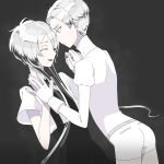  2others androgynous cairngorm_(houseki_no_kuni) closed_eyes colored_eyelashes dark_background face-to-face gem_uniform_(houseki_no_kuni) ghost_quartz_(houseki_no_kuni) gloves grey_eyes hair_over_one_eye hand_holding highres houseki_no_kuni looking_at_another multicolored_hair necktie short_hair silver_hair smile sparkle suspenders white_hair 