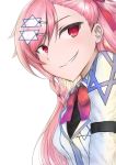  1girl absurdres arm_strap bag bangs blush bow bowtie braid close-up collared_jacket eyebrows_visible_through_hair girls_frontline hair_between_eyes hair_bow hair_ornament hair_ribbon hairclip hexagram highres jacket long_hair looking_at_viewer negev_(girls_frontline) parted_lips pink_hair red_bow red_eyes red_neckwear ribbon shirt simple_background smile solo star_of_david upper_body white_background 