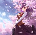 1girl augu_(523764197) blue_sky blurry blurry_background blurry_foreground blush breasts brown_vest cherry_blossoms collared_shirt day depth_of_field fate/stay_night fate_(series) flat_chest from_side hair_ribbon highres holding homurahara_academy_uniform lens_flare lips long_hair long_skirt long_sleeves looking_at_viewer looking_to_the_side matou_sakura medium_breasts neck_ribbon outdoors purple_hair purple_skirt red_neckwear red_ribbon revision ribbon school_briefcase shiny shiny_hair shirt skirt sky solo straight_hair sun sunlight two-handed vest violet_eyes white_shirt wing_collar 